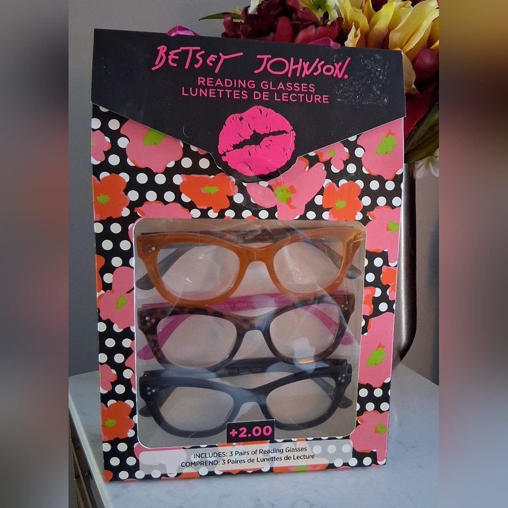 Betsey Johnson Reading Glasses, +2.00 Power. 3 Pack